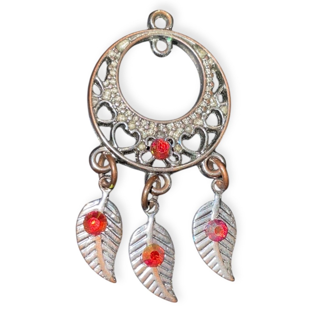 VTG Boho Dangle Pendant Charm Silver Tone Festival Red Aurora Leaf Drops 1.75"